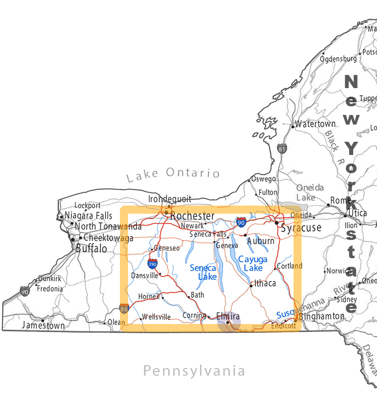 Service area map includes Elmira, Ithaca, Horseheads, Corning, Painted Post, Campbell, Watkins Glen and other small towns in Western NY State